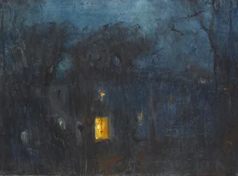House at night with a single window lit
