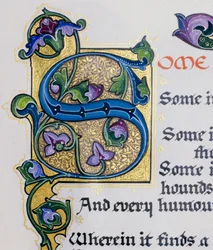 Photograph of calligraphy detail of letter S on an illuminated page from a book of Shakespeare