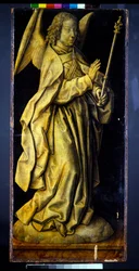 Formerly the Wings of a Triptych, a Pair, Female Figures Personifying Wisdom and Generosity, with the Annunciation (detail)