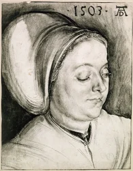Bust Portrait of a Woman Wearing a Bulging Headdress