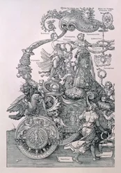 Design for The Great Triumphal Chariot of Emperor Maximilian I: detail showing the Virtues placing a wreath on the head of the Emperor, planned by Willibald Pirckheimer, pub. c.1518