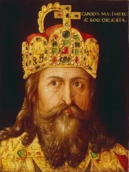 Idealized portrait of Emperor Charlemagne in coronation robes with the Imperial Crown. Nuremberg, 1517