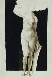 Proportion study of female nude with a shield, 1500