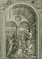 The Holy Family with Two Angels in a Vaulted Hall