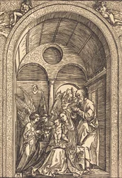 The Holy Family with Two Angels in a Vaulted Hall