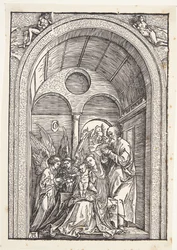 The Holy Family with Two Angels in a Vaulted Hall