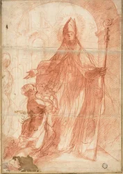 Bishop Saint Blessing a Mother and Child