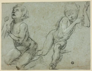 Sketches of Two Putti, One Holding Hand of Dead Christ (recto); Torso and Legs of Kneeling Figure (verso)