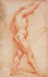 Standing male nude with a staff in profile to the right, and a sketch for his right arm
