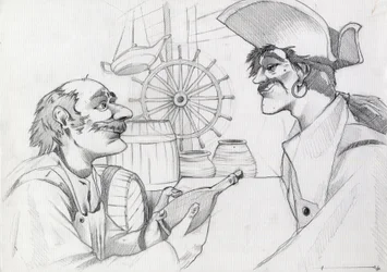 Caribbean pirate in an inn with a bottle