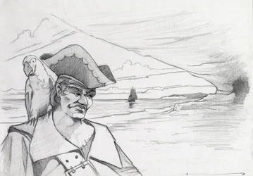 Caribbean Pirate with Parrot Looking for Treasure in a Cave on a Beach, with Galleon