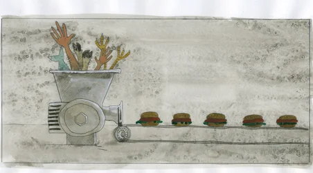 Consumer society: production of junk food, hamburger made with human and animal remains