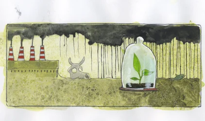 Ecology, pollution: a small green plant kept in a bell surrounded by animal skeletons, in an environment contaminated by factory chimneys