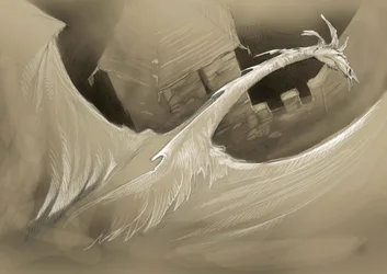 Fantastic Creature: a dragon flying over a castle tower