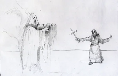Fight Between a Monk Holding a Crucifix and a Ghost