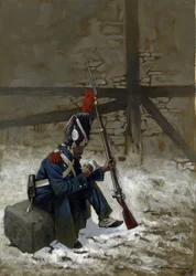 First Empire: Guard grenadier in a coat sitting in the snow