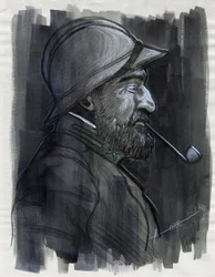 First World War 1914-1918: Profile portrait of a soldier of the Italian army smoking a pipe in 1915
