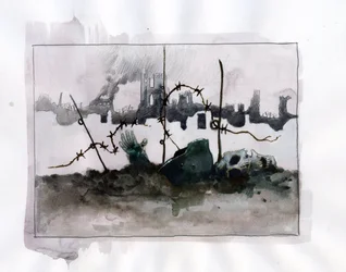 First World War: War allegory with skull helmet in beards against background of ruins