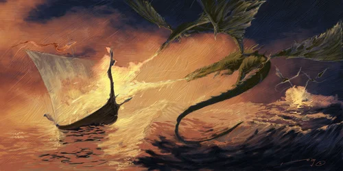 Legendary creature: dragon attacking a drakkar (Viking boat)