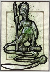 Legendary monster for Fantasy illustration: face of a tribal creature or warrior with spear, shield and feather tail