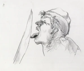 Portrait of a pirate (privateer) defying the sword by touching it with the tongue