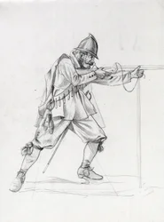 Portrait of a vessel soldier of the 17th century putting himself in a firing position
