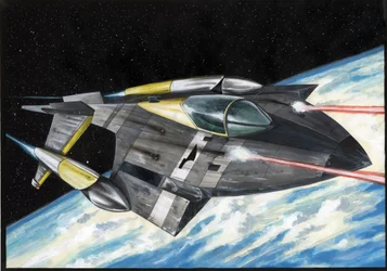 Science fiction illustration: Space spaceship with the conquest of space or universe pulls laser rays over planet Earth
