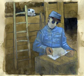 World War I: a French soldier writing a letter in a trench