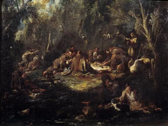 Scene of Monastic Life: Monks Breakfast, Praying and Reading in an Undergrowth