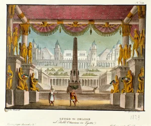 A delicious place: view from the interior of a temple with statues Scenography for the ballet 