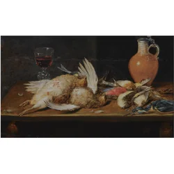 A still life with a robin, a kingfisher, partridges and songbirds, all on a wooden table, together with a glass and an earthenware jug
