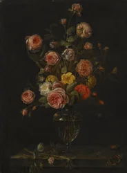 A Still Life with Red, White and Pink Roses in a Glass Vase over a Stone Ledge with Butterflies, a Grasshopper and a Beetle