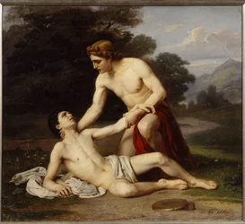 Apollo and Hyacinth. The Greek god bends over the young man, injured at the temple during discus throwing. Painting by Alexander Alexeyevich Kiselev (1855-after 1918)