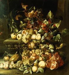 Grapes, Figs, Raspberries and Other Fruit on a Stone Ledge
