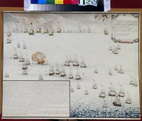 The Naval Battle of Tendra in the Black Sea on 8 and 9 September 1790. Episode of the Russo-Turkish War (1787-1792). Work by Alexander Nikolaevich Depaldo (1876-1939), watercolour on paper. Russian art