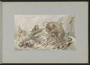 Man Killing a Wild Boar in a Forest