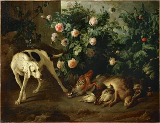 Dog guarding game near a rose bush