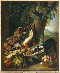 Dead Game, Vegetables, Fruits and Two Dogs