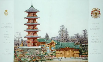 Japanese Tower in the Royal Park at Laeken, Belgium, from Orientalisme et Architecture Contemporaine, engraved by Jules Adolphe Chauvet