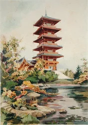 Japanese Tower in the Royal Park at Laeken, Belgium, from Orientalisme et Architecture Contemporaine, engraved by Jules Adolphe Chauvet (b.1828)