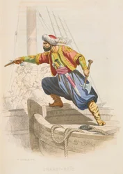 Dragut Reis, the famous Barbary corsair, prepares to board an enemy vessel in search of loot, mid 19th century