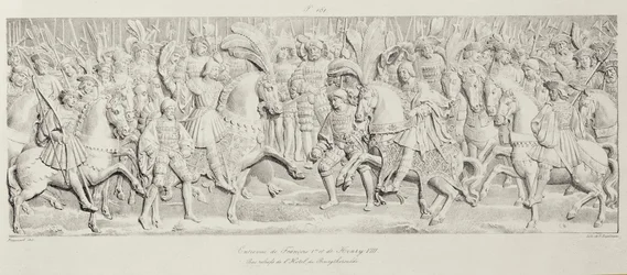 Meeting of Francois I and Henry VIII at the Field of the Cloth of Gold, after the carved stone relief in the Hotel de Bourgtheroulde, Rouen, Normandy, 1501-37, engraved by Godefroy Engelmann