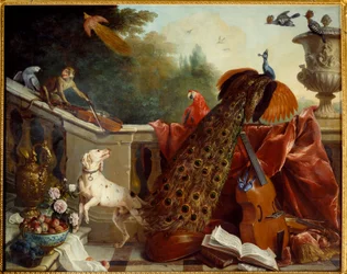 Animals, flowers and fruits. A dog, a monkey playing the violin, a peacock, a parrot, a bird of paradise, string instruments. 1717. Sun. 1.24 x 2.31 m. Grenoble, Musée des Beaux-Arts