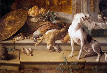 Still Life with Hunting Dog and Game (hare, pheasant, partridge), detail. Painting by François Desportes (1661-1743), 18th century, Gien, Hunting Museum