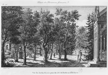 Musee des Monuments Francais, Paris, view of the Jardin Elysee from the tomb of Heloise and Abelard, engraved by Laurent Guyot