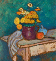 Still Life with Cloth, Flowers in Jug and Apple, 1909-1910