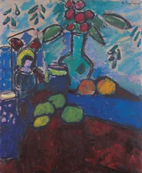 Still Life with Reverse Glass Painting, Green Vase and Fruit