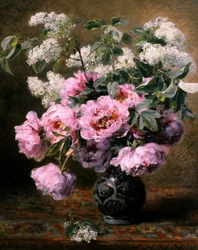 Still Life of Summer Flowers with Peonies and Lilacs. Painting by Alexis Kreyder. Private Collection.