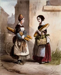 Small trades: the bakery. Young walking bread merchant
