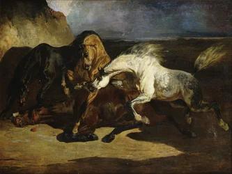Stallions Fighting in a Stormy Landscape